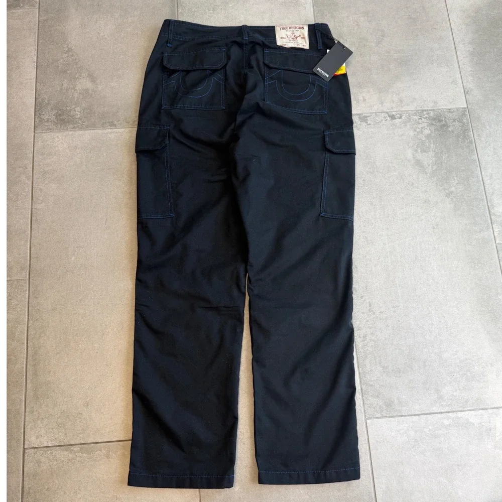 NWT True Religion Mens Black Pacific Blue Contrast Stitch Cargo Pants 108335 34